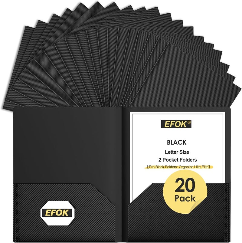 EFOK 20 Pack Heavy Duty Black Plastic Folders with 2 Pockets Bulk, Textured Light Luxury File Folders with Business Card Slot, Letter Size Filing Supplies for Back to School & Office Organization - Image 1